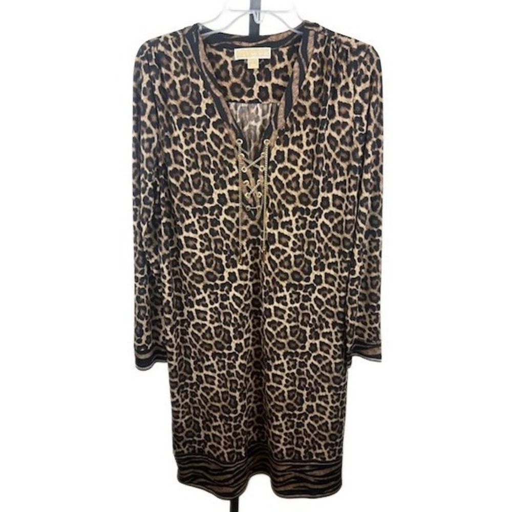 Michael Kors Dress Women's Size Large Leopard Animal Print Lace Up Long Sleeve